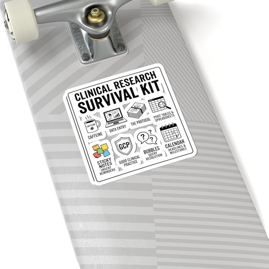 Clinical Research Survival Kit Sticker — Kiss-Cut Laptop Decal for Scientists & Trial Staff