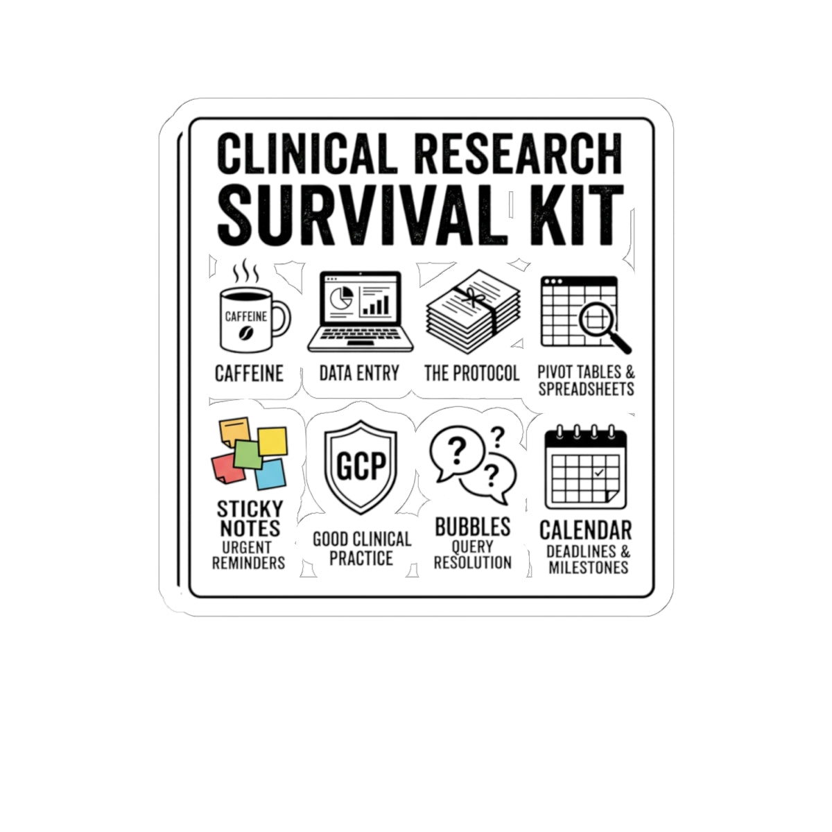 Clinical Research Survival Kit Sticker — Kiss-Cut Laptop Decal for Scientists & Trial Staff