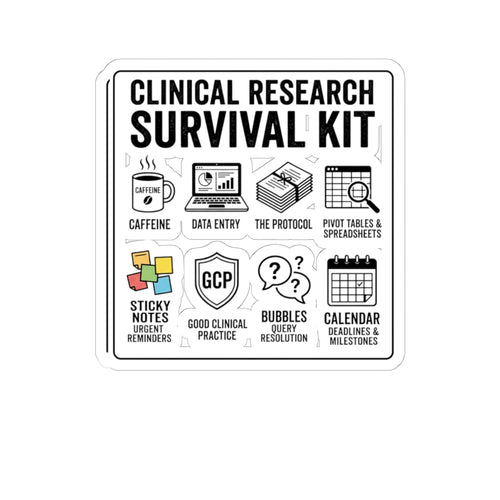 Clinical Research Survival Kit Sticker — Kiss-Cut Laptop Decal for Scientists & Trial Staff