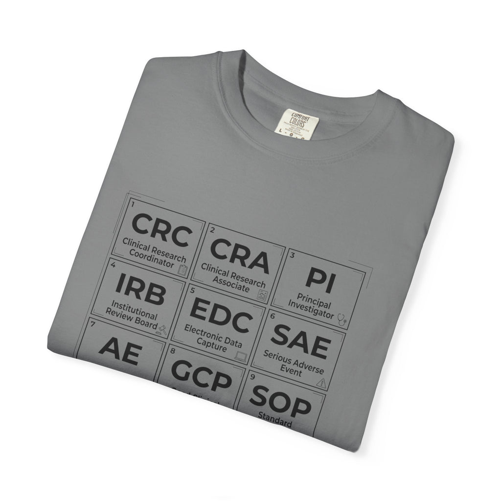 T-Shirt — Clinical Research Roles Grid Tee (CRC, CRA, PI, IRB, GCP, SOP)
