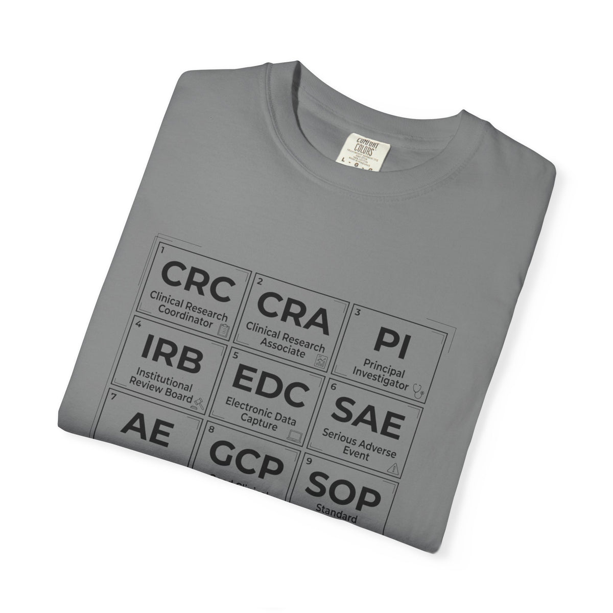 T-Shirt — Clinical Research Roles Grid Tee (CRC, CRA, PI, IRB, GCP, SOP)