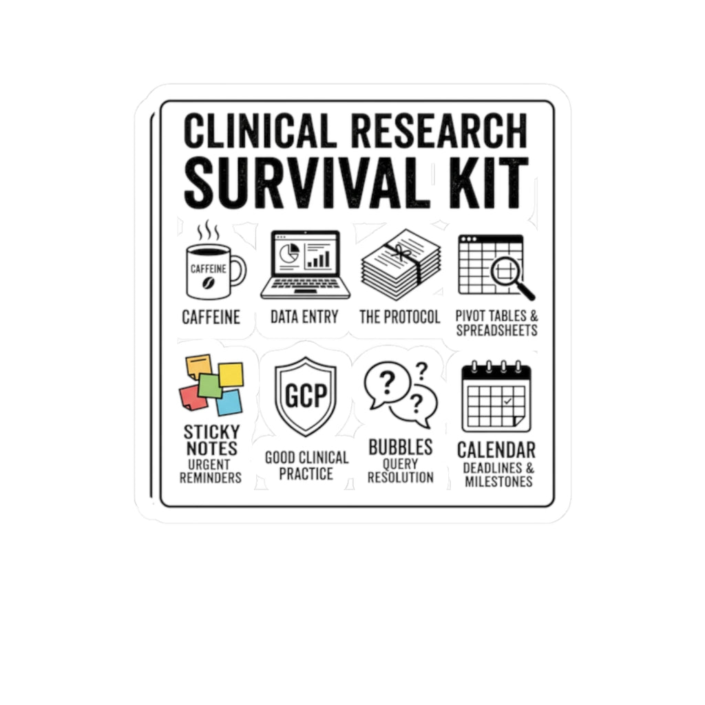 Clinical Research Survival Kit Sticker — Kiss-Cut Laptop Decal for Scientists & Trial Staff