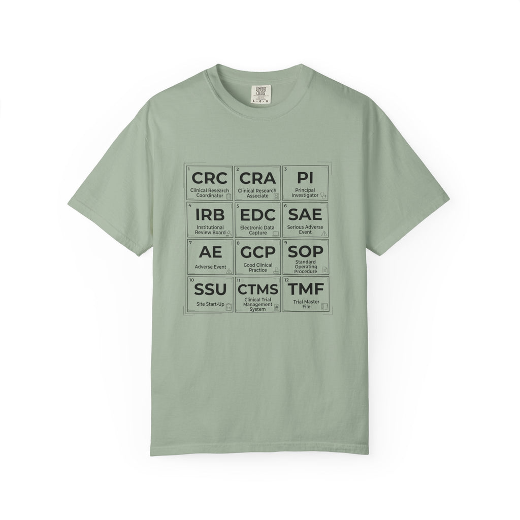 T-Shirt — Clinical Research Roles Grid Tee (CRC, CRA, PI, IRB, GCP, SOP)