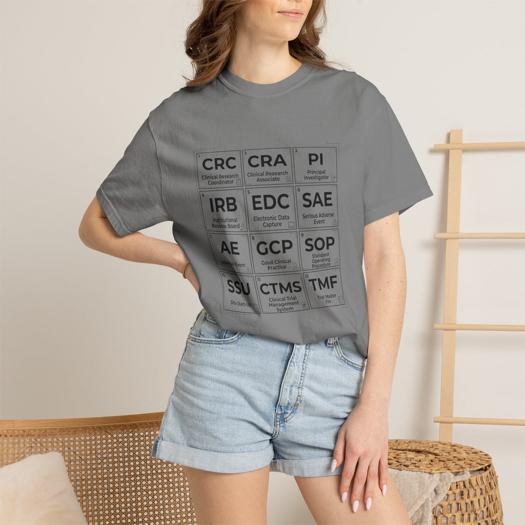 T-Shirt — Clinical Research Roles Grid Tee (CRC, CRA, PI, IRB, GCP, SOP)