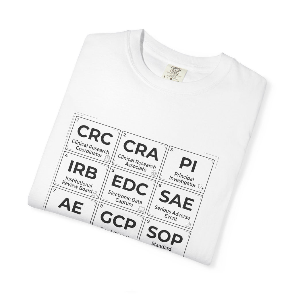 T-Shirt — Clinical Research Roles Grid Tee (CRC, CRA, PI, IRB, GCP, SOP)