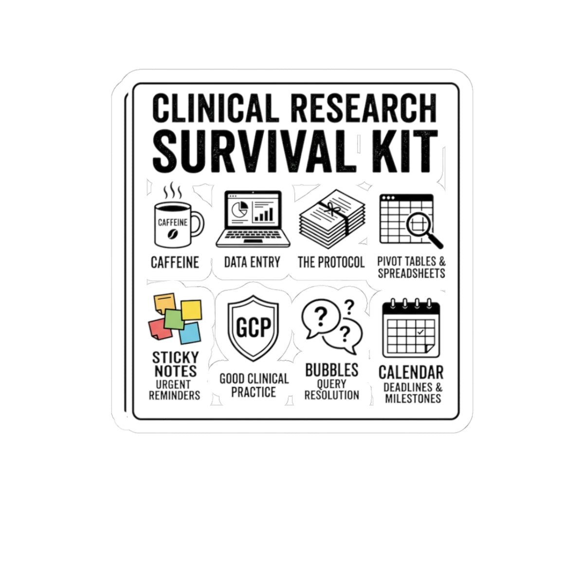 Clinical Research Survival Kit Sticker — Kiss-Cut Laptop Decal for Scientists & Trial Staff