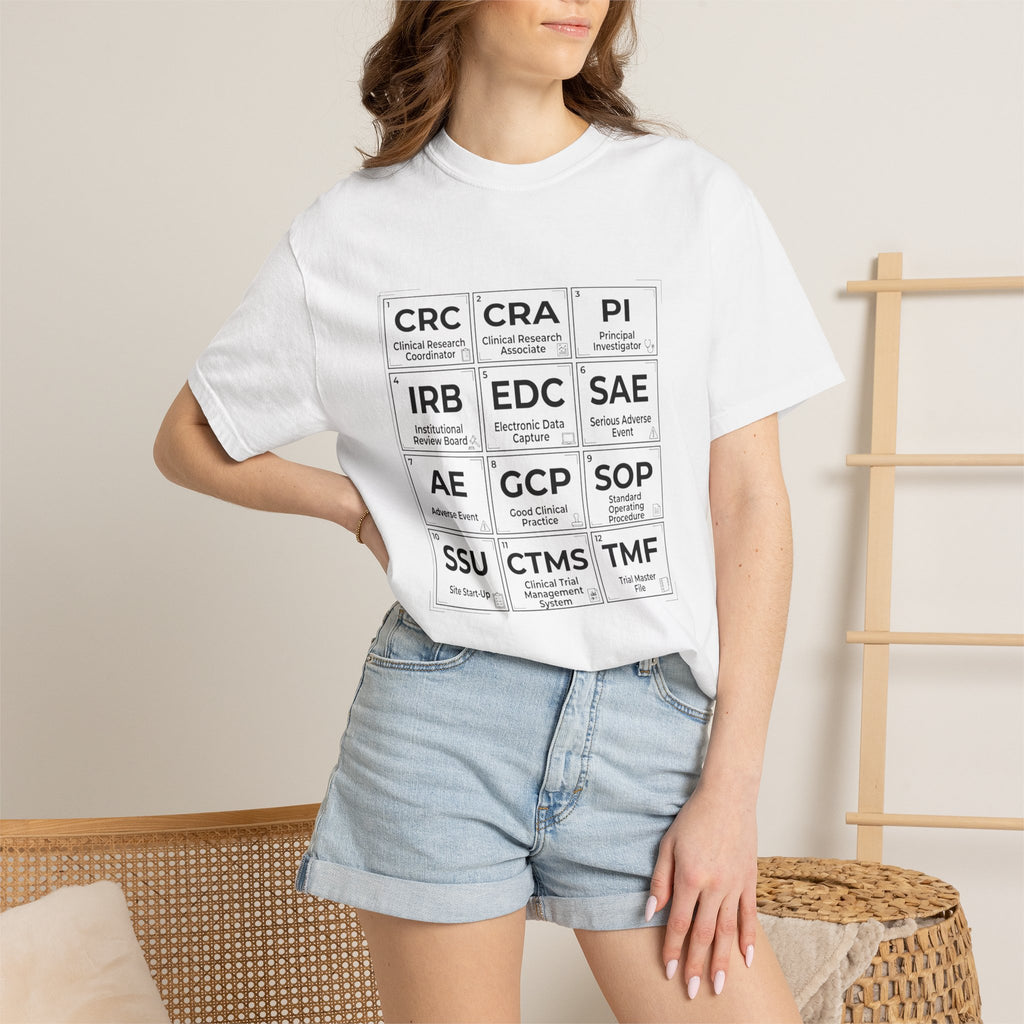 T-Shirt — Clinical Research Roles Grid Tee (CRC, CRA, PI, IRB, GCP, SOP)