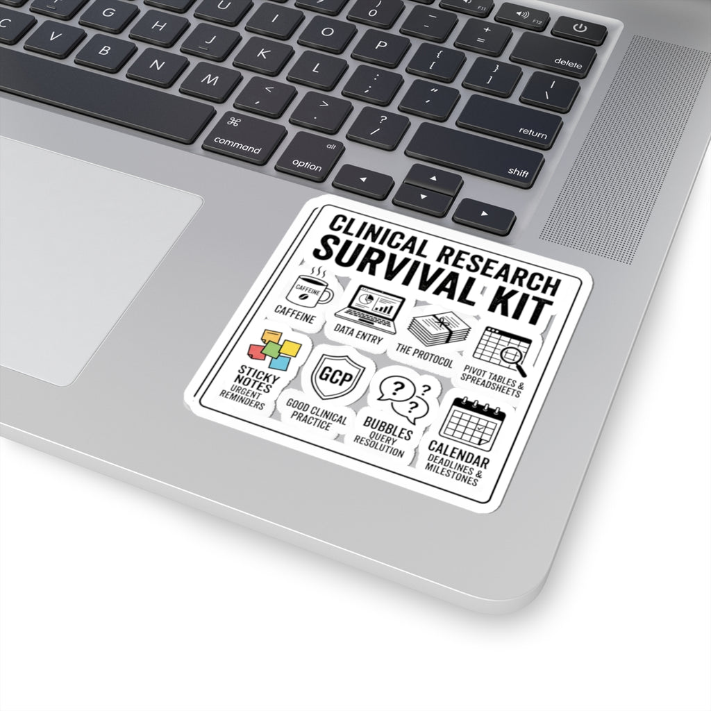 Clinical Research Survival Kit Sticker — Kiss-Cut Laptop Decal for Scientists & Trial Staff