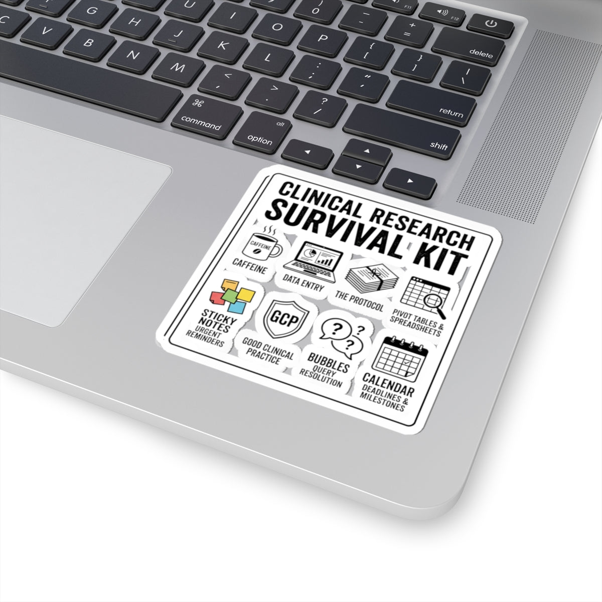 Clinical Research Survival Kit Sticker — Kiss-Cut Laptop Decal for Scientists & Trial Staff