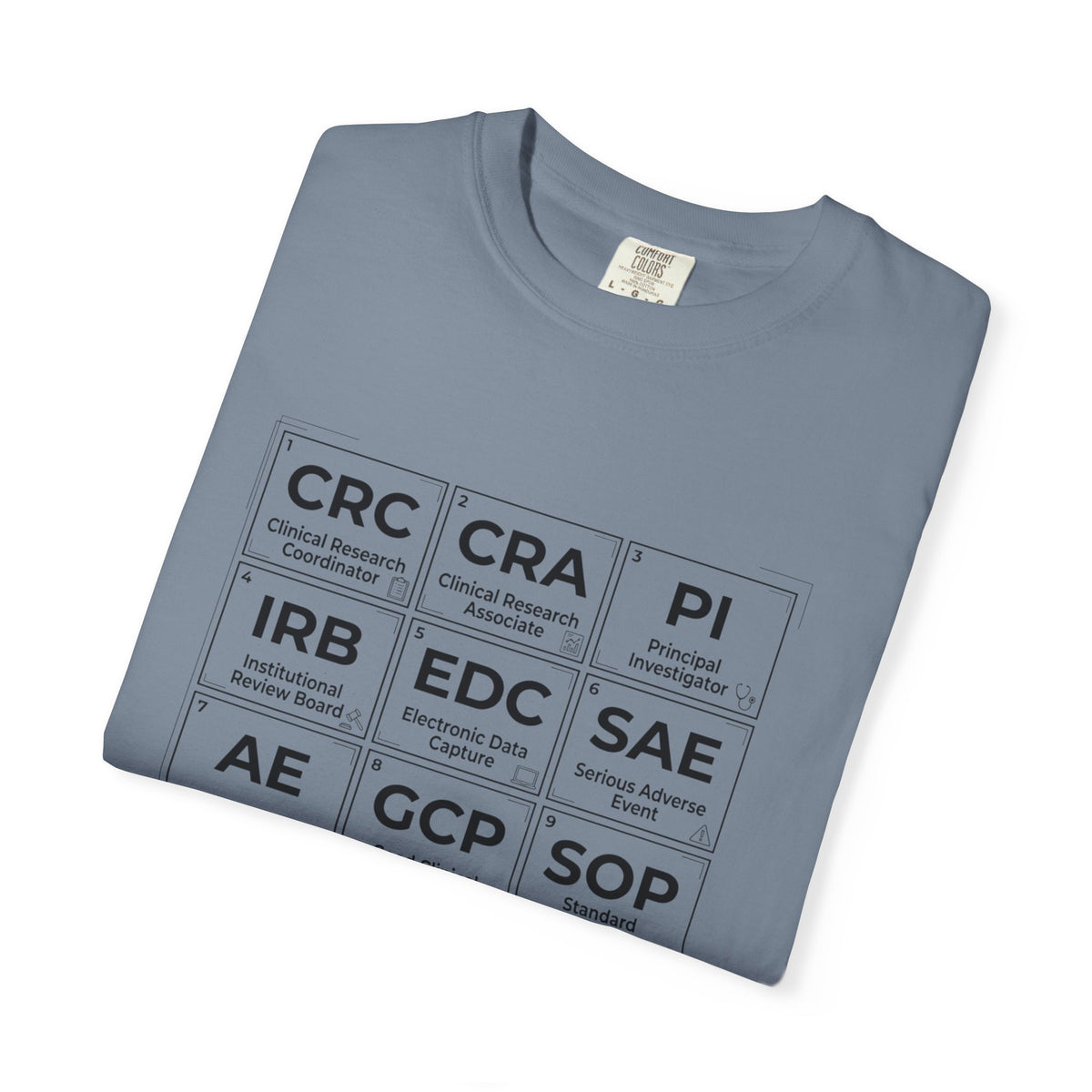 T-Shirt — Clinical Research Roles Grid Tee (CRC, CRA, PI, IRB, GCP, SOP)